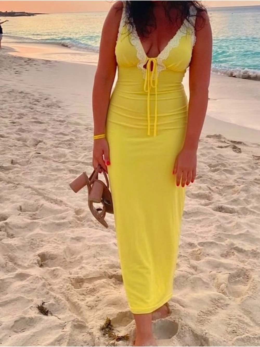 Lulu's Yellow Maxi Dress with White Lace Trim